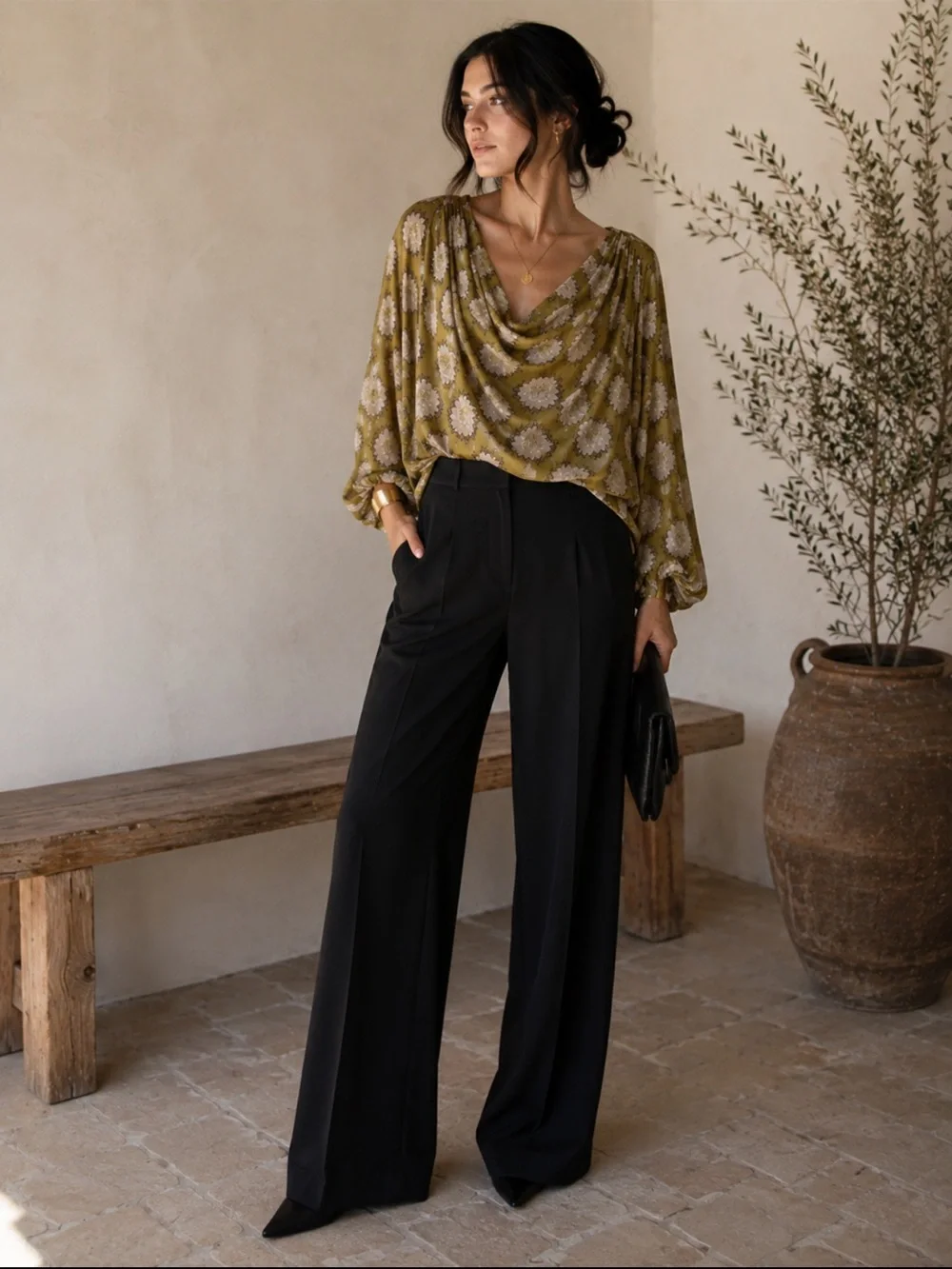 Free People Olive Green Floral Draped Blouse